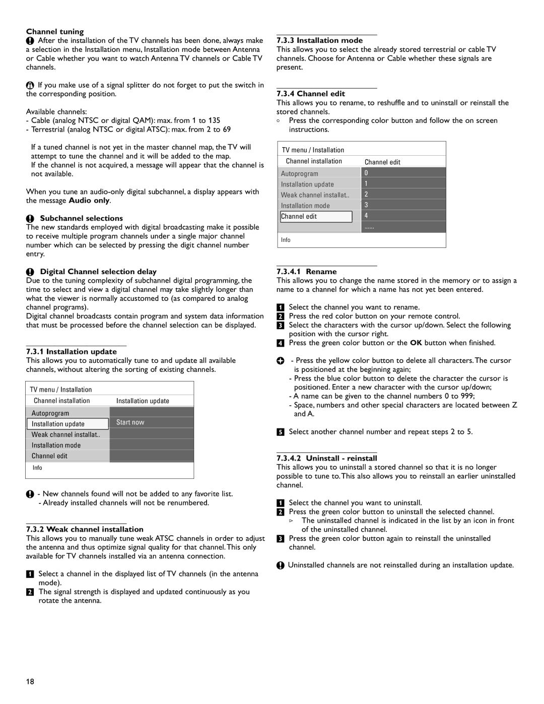 Philips 42PFL7432D/37 Channel tuning, Subchannel selections, Digital Channel selection delay, Installation update, Rename 