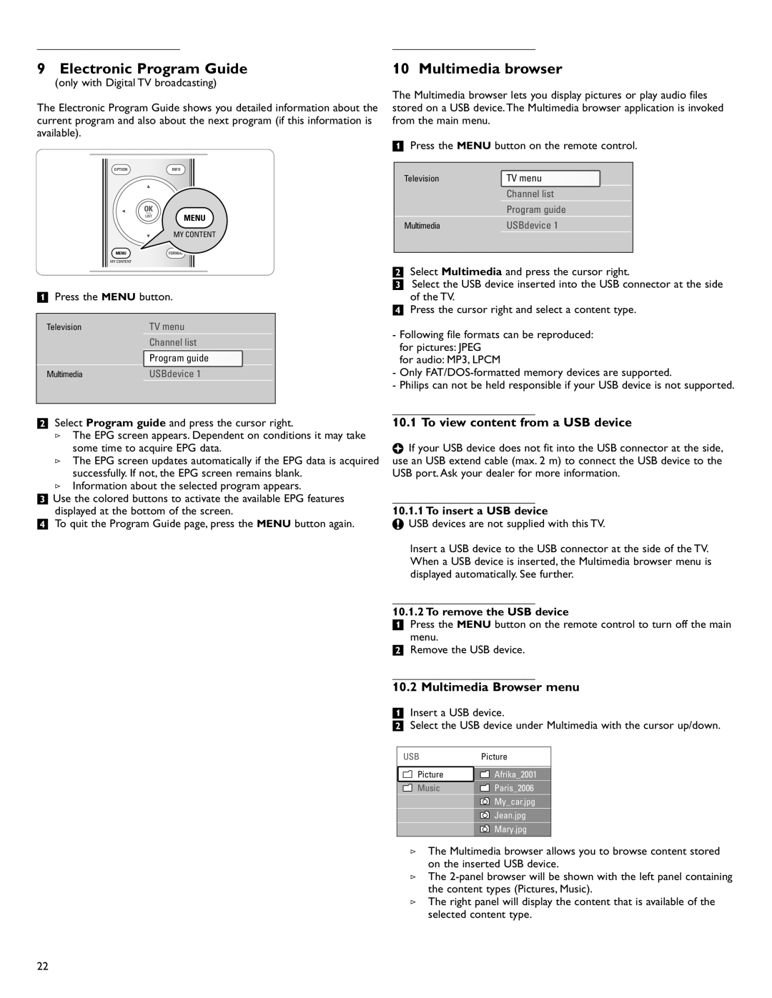 Philips 42PFL7432D/37 warranty Electronic Program Guide, Multimedia browser, To view content from a USB device 