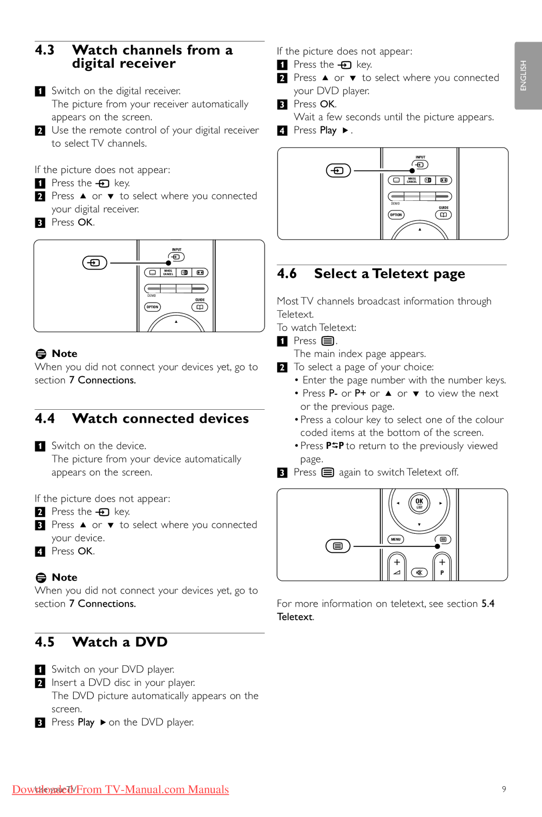 Philips 42PFL74335/60 Watch channels from a digital receiver, Watch connected devices, Watch a DVD, Select a Teletext 