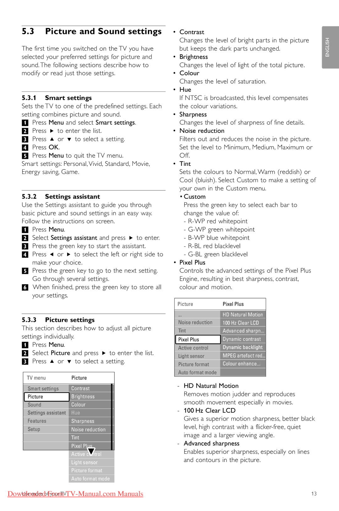 Philips 42PFL74335/60 manual Picture and Sound settings, Smart settings, Settings assistant, Picture settings 