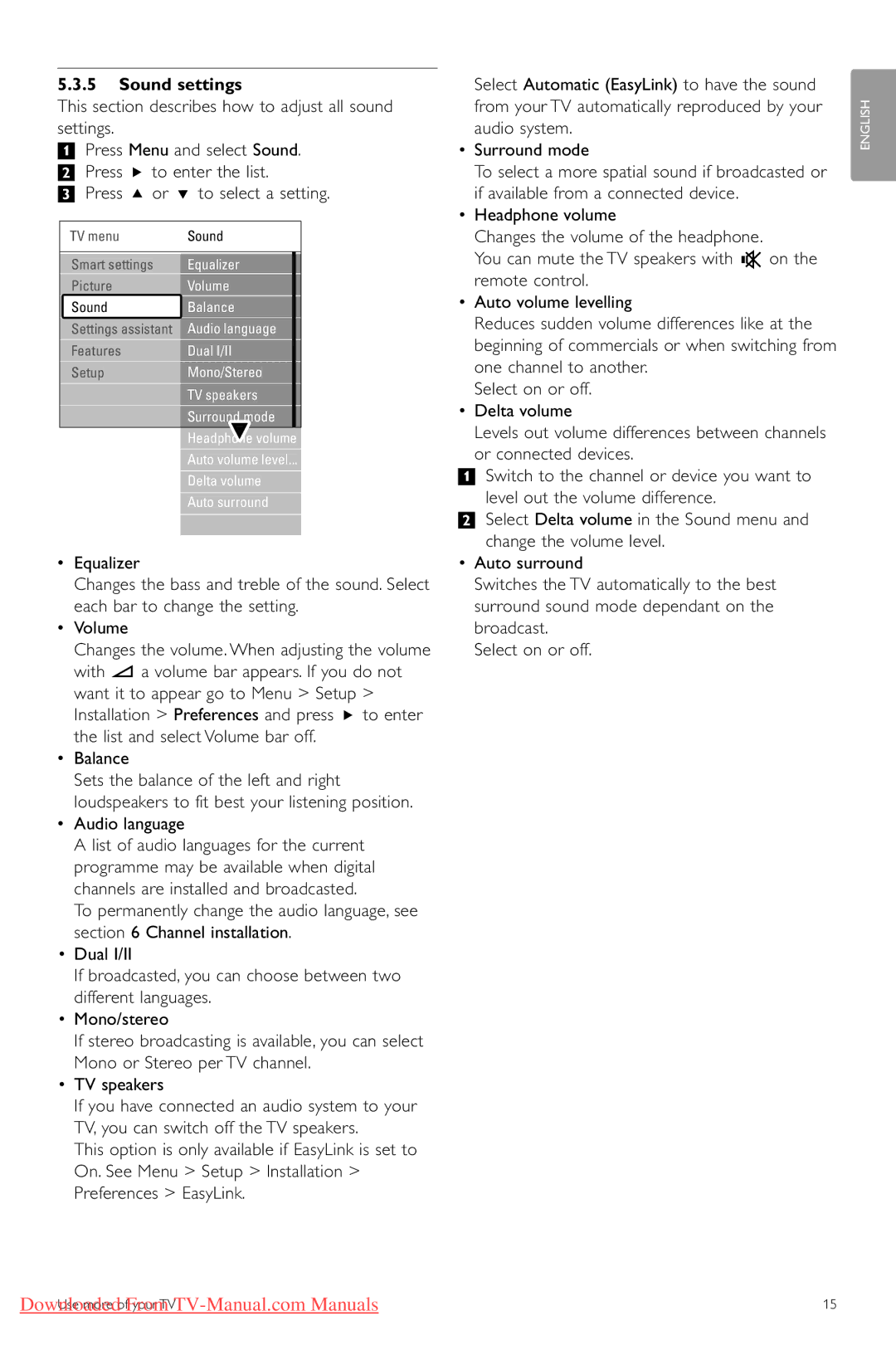 Philips 42PFL74335/60 manual Sound settings, This section describes how to adjust all sound settings, Audio language 