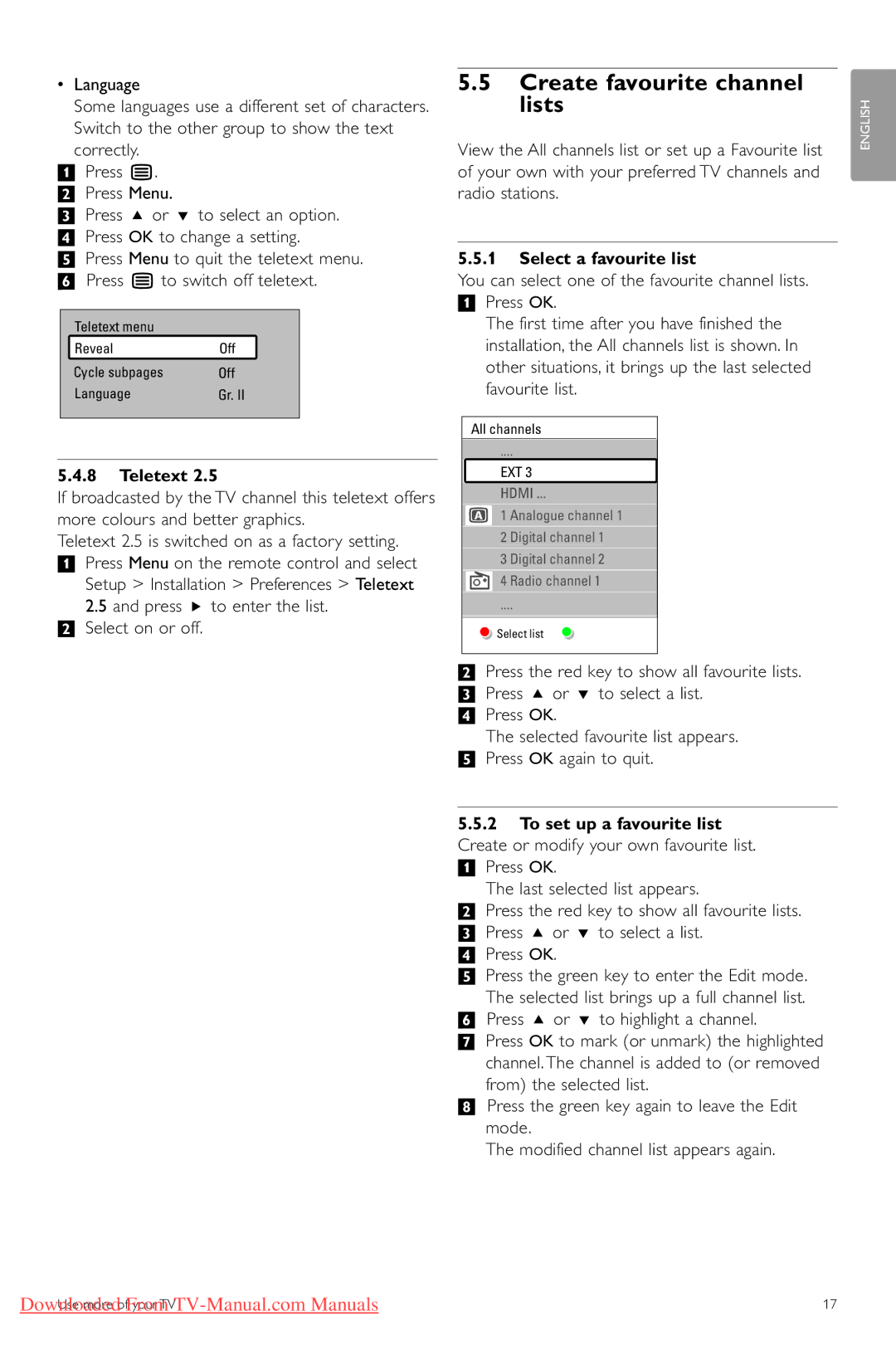 Philips 42PFL74335/60 manual Create favourite channel lists, Select a favourite list, Teletext 