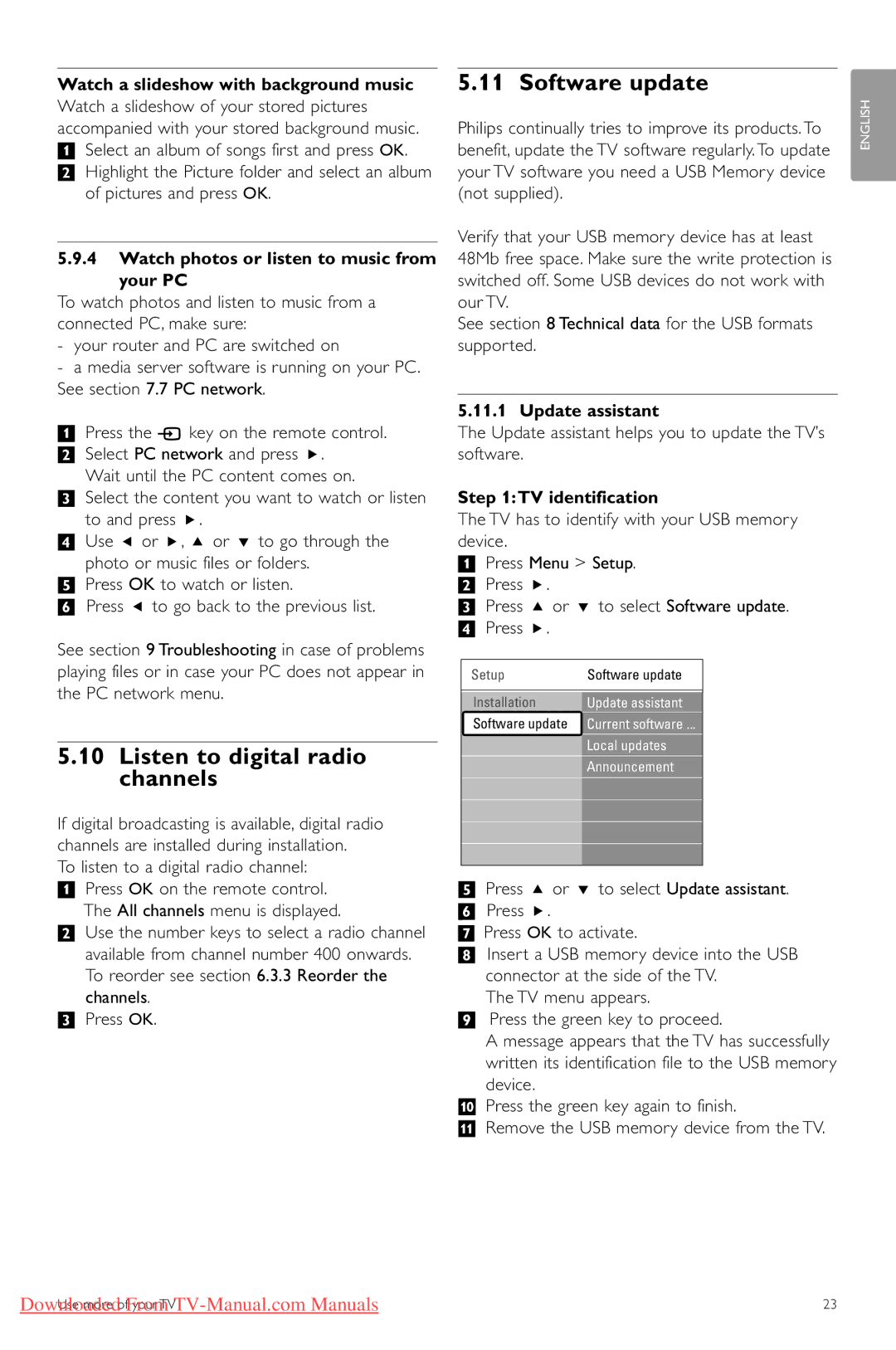 Philips 42PFL74335/60 manual Listen to digital radio channels, Software update 