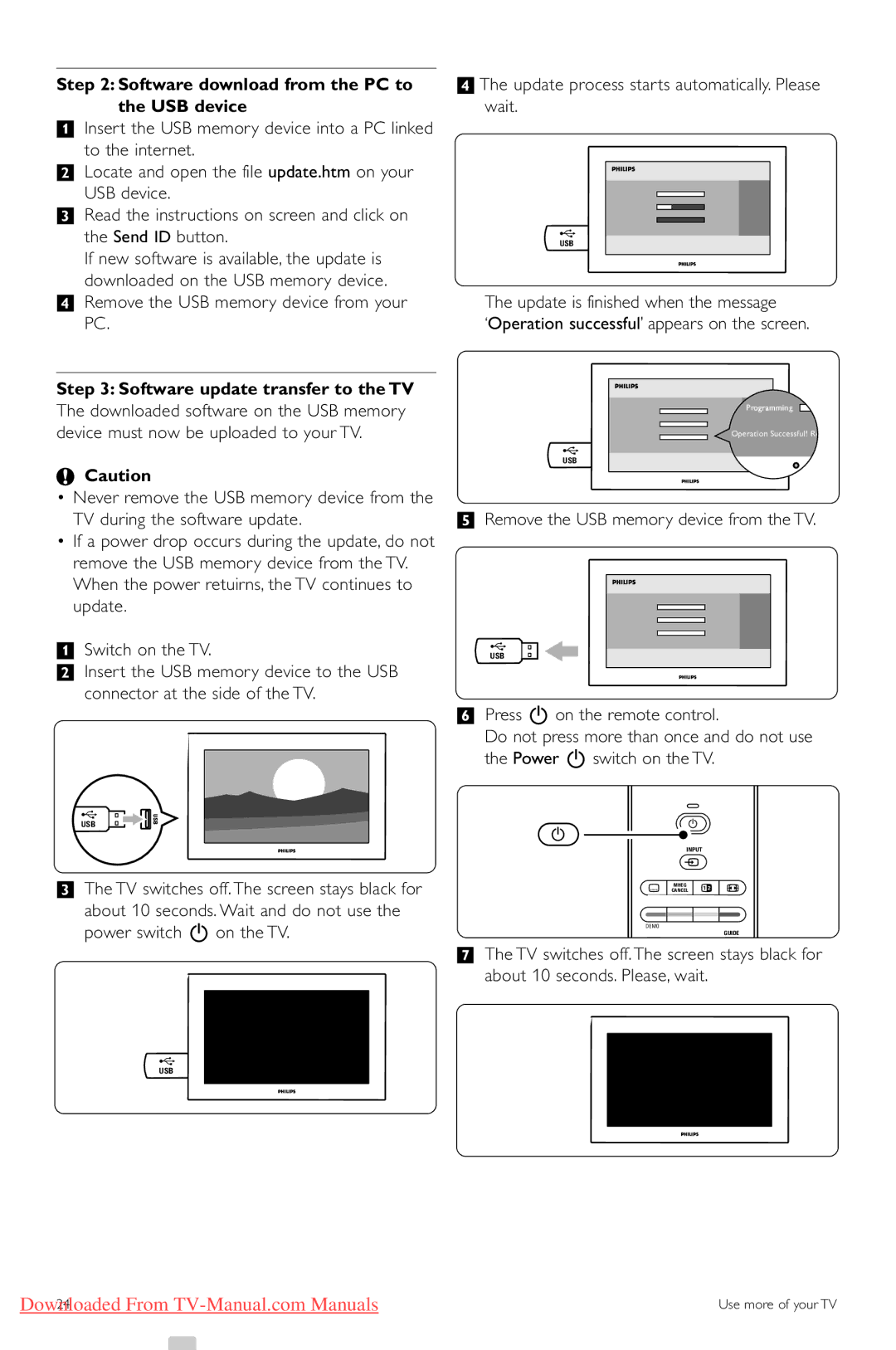 Philips 42PFL74335/60 manual Software download from the PC to the USB device, † Remove the USB memory device from your PC 