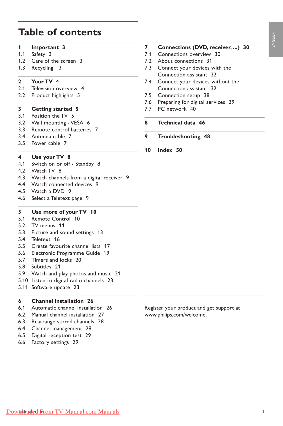 Philips 42PFL74335/60 manual Table of contents 