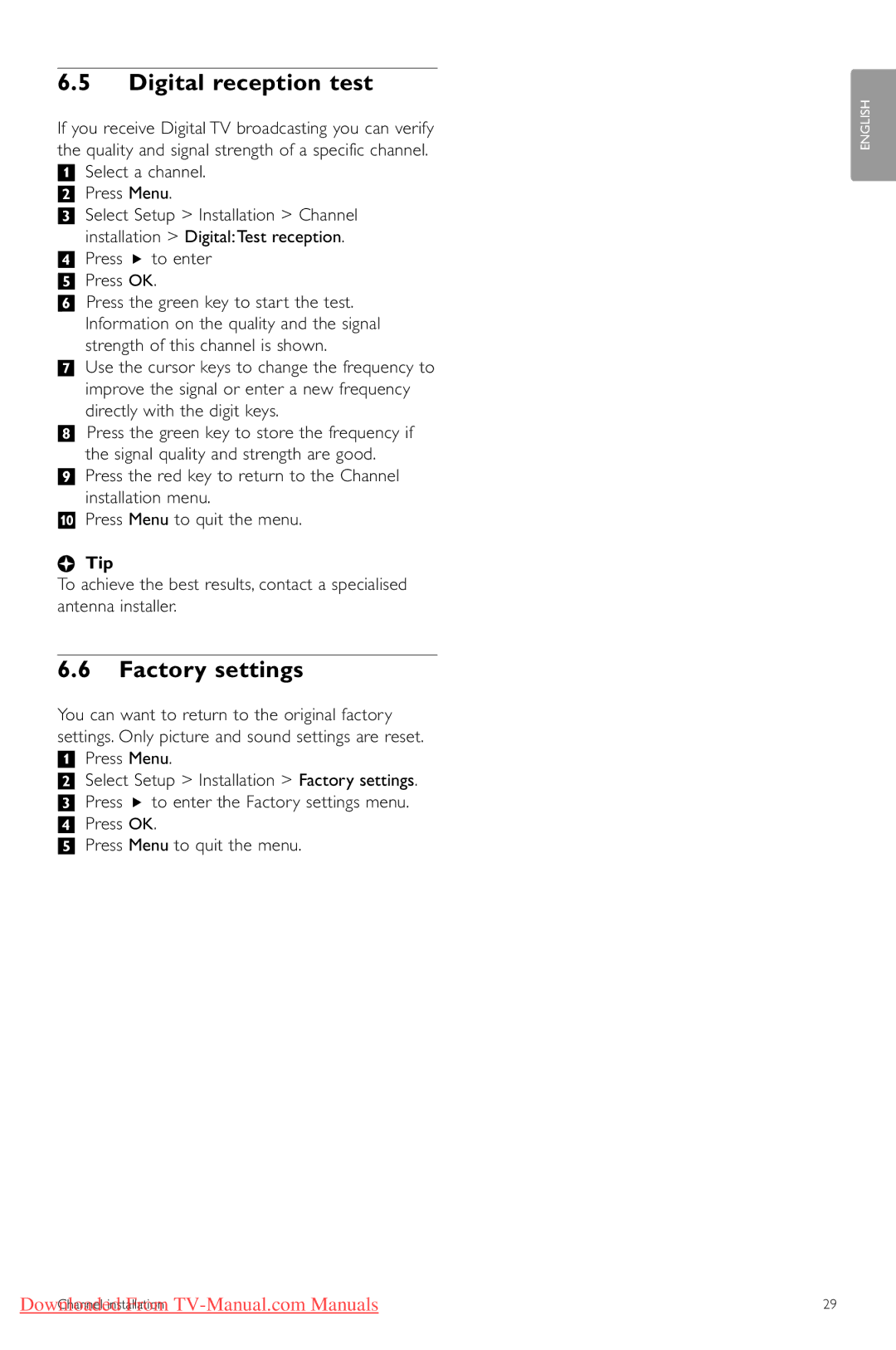 Philips 42PFL74335/60 manual Digital reception test, Factory settings, † Press π to enter º Press OK 