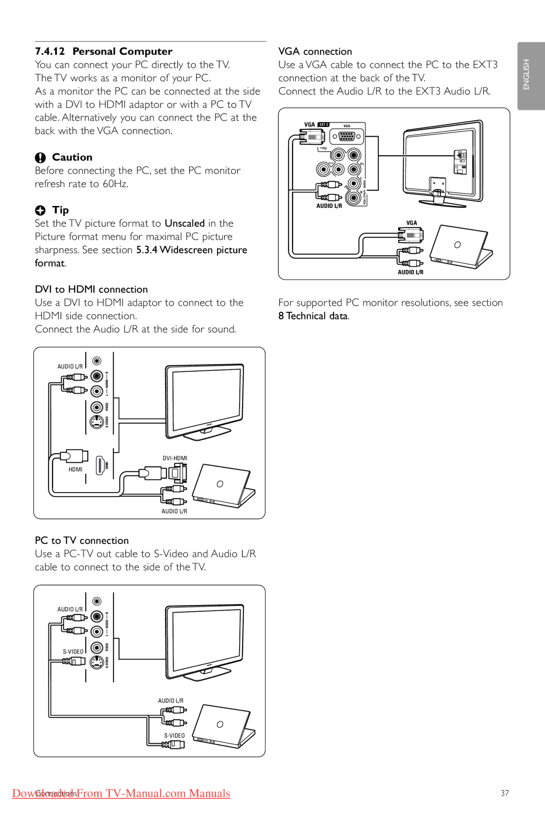 Philips 42PFL74335/60 manual Personal Computer, For supported PC monitor resolutions, see Technical data 