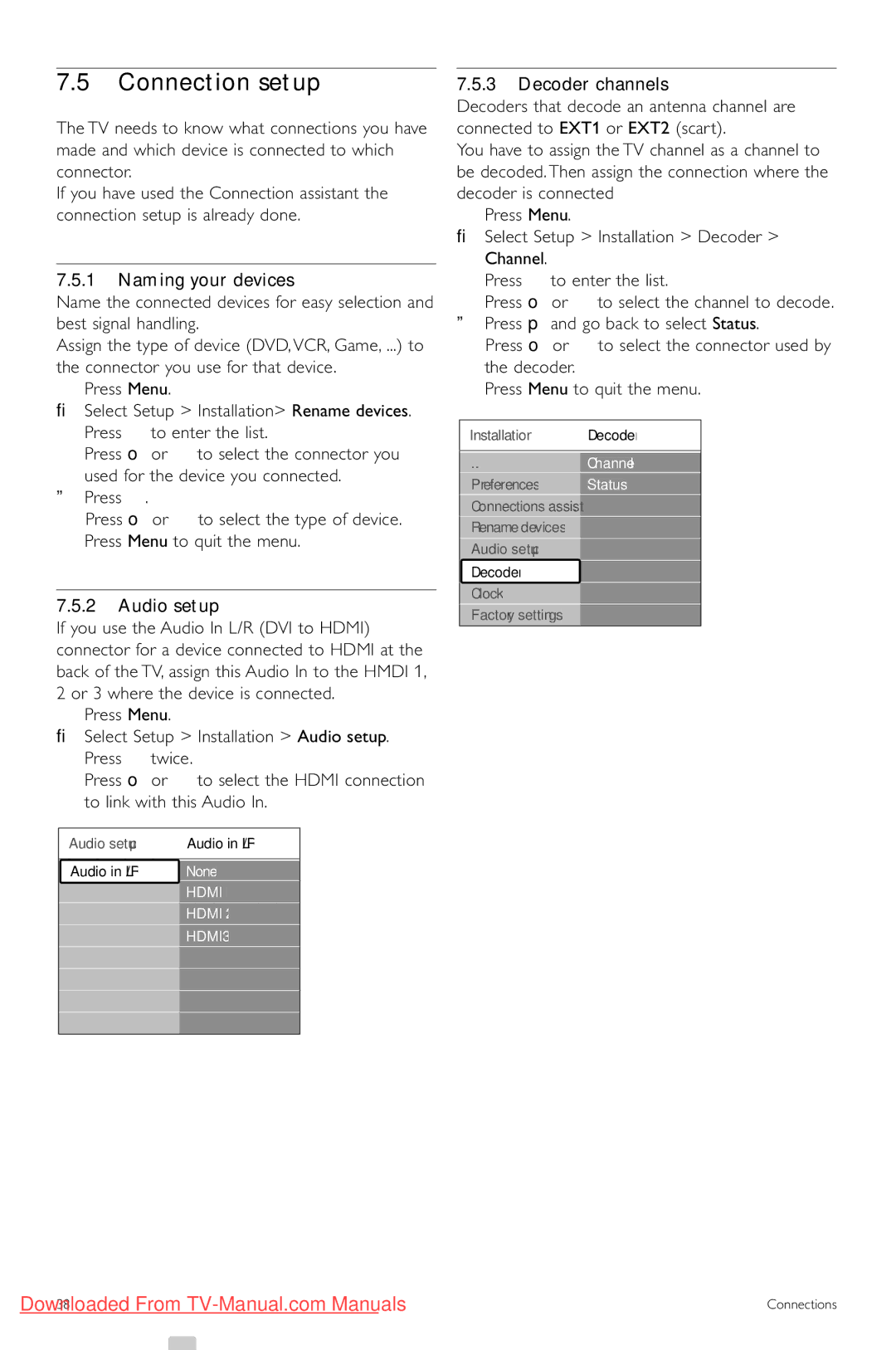 Philips 42PFL74335/60 manual Connection setup, Naming your devices, Audio setup, Decoder channels 