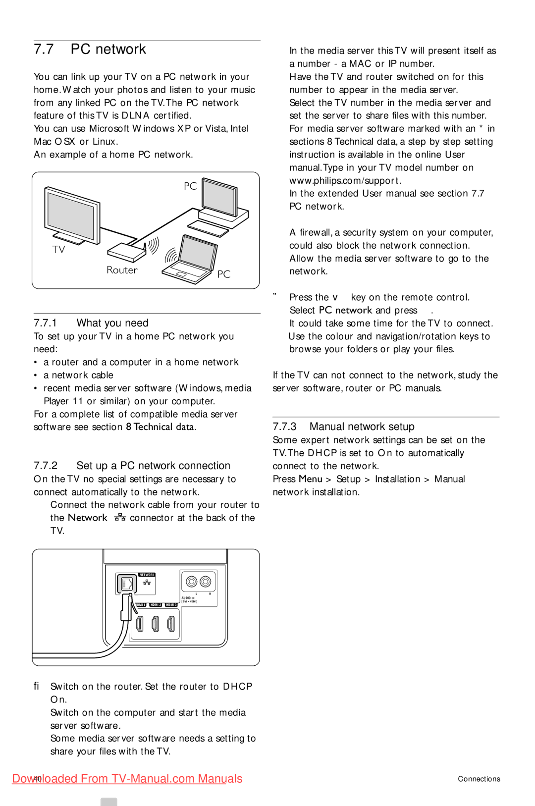 Philips 42PFL74335/60 manual PC network, What you need, Manual network setup 