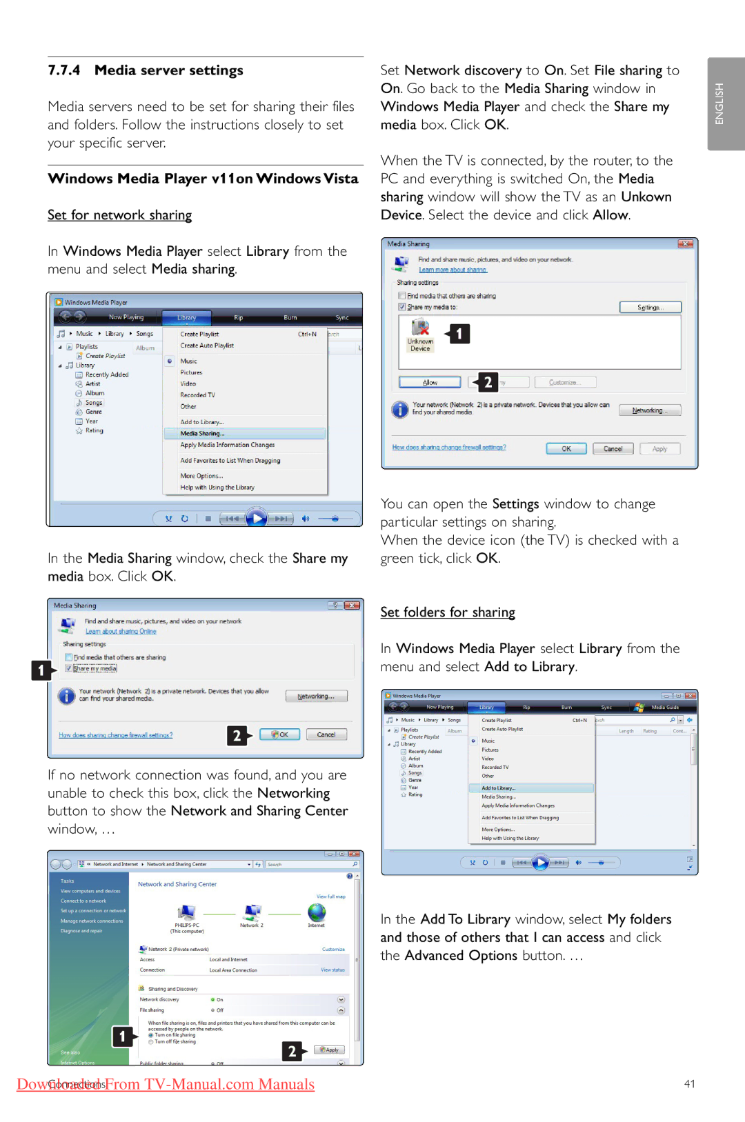 Philips 42PFL74335/60 manual Media server settings, Windows Media Player v11on Windows Vista 
