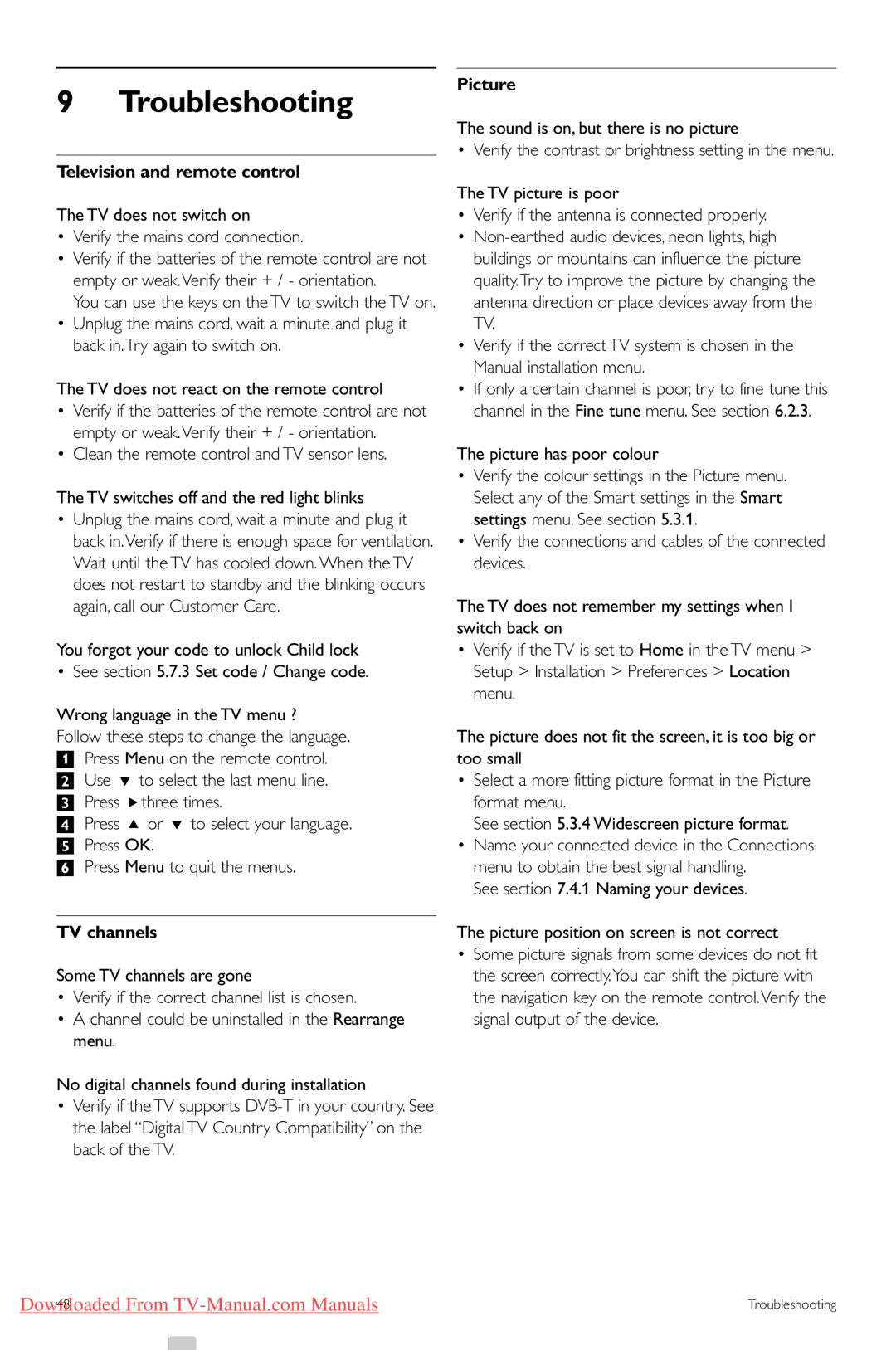 Philips 42PFL74335/60 manual Troubleshooting, Television and remote control, TV channels, Picture 