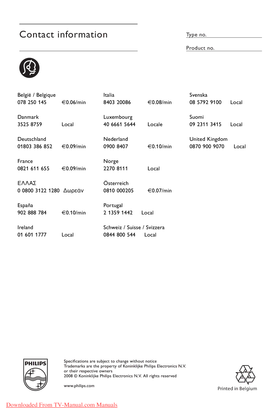Philips 42PFL74335/60 manual France Norge 0821 611 €0.09/min 2270 Local, Österreich 