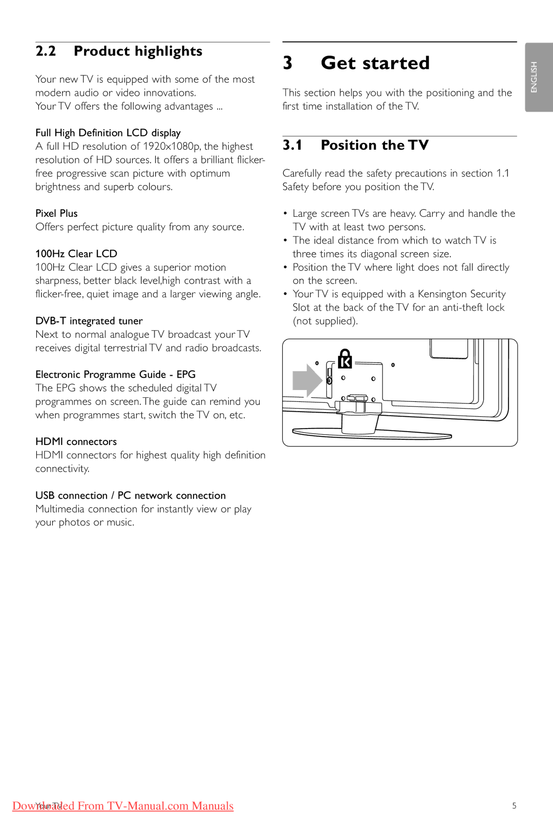 Philips 42PFL74335/60 manual Get started, Product highlights, Position the TV, DVB-T integrated tuner 