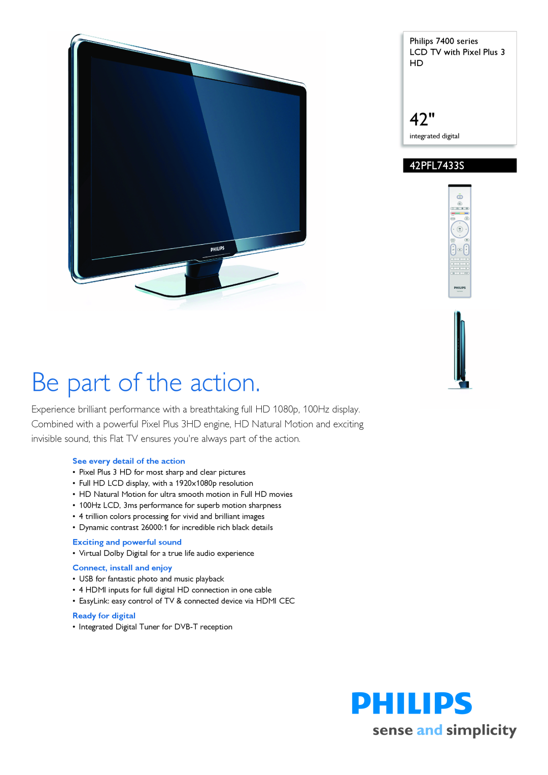 Philips 42PFL7433S manual Philips 7400 series LCD TV with Pixel Plus HD, Be part of the action 