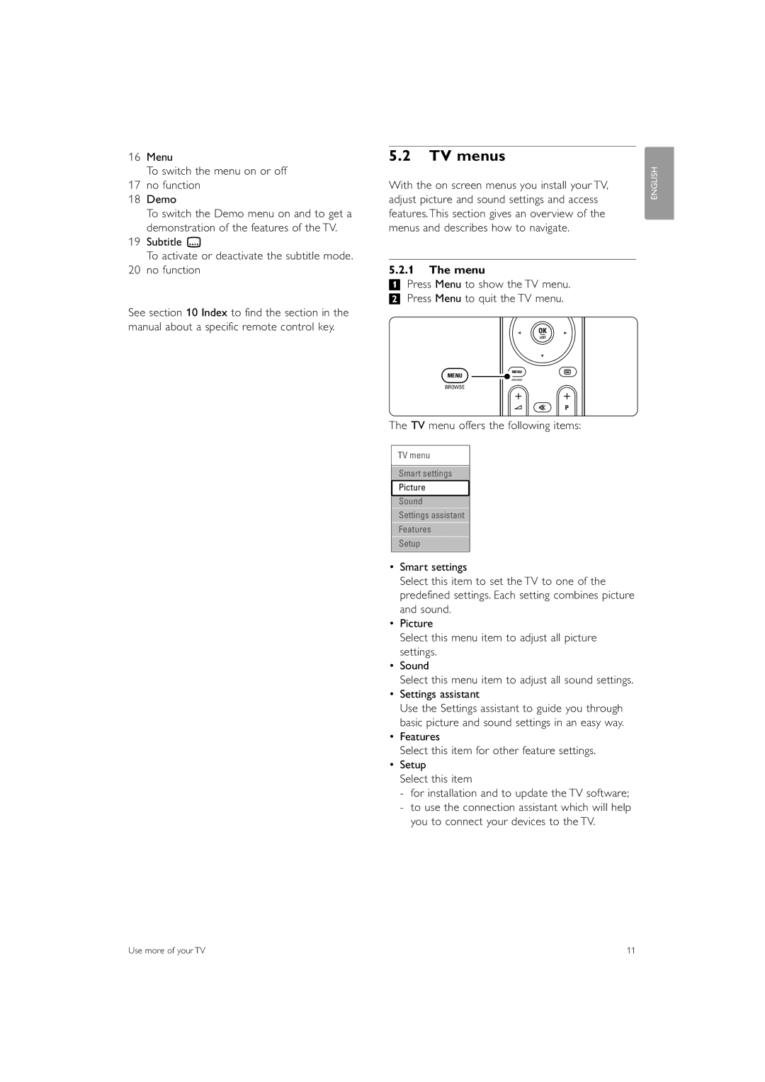 Philips 42PFL7433S/60 TV menus, Menu To switch the menu on or off No function Demo, TV menu offers the following items 