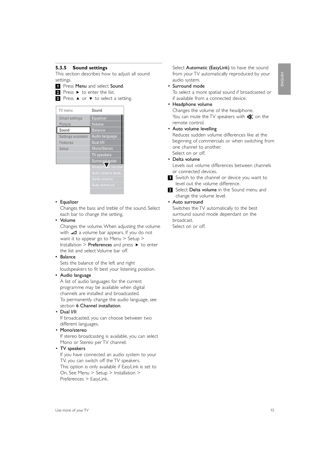 Philips 42PFL7433S/60 manual Sound settings, This section describes how to adjust all sound settings, Audio language 