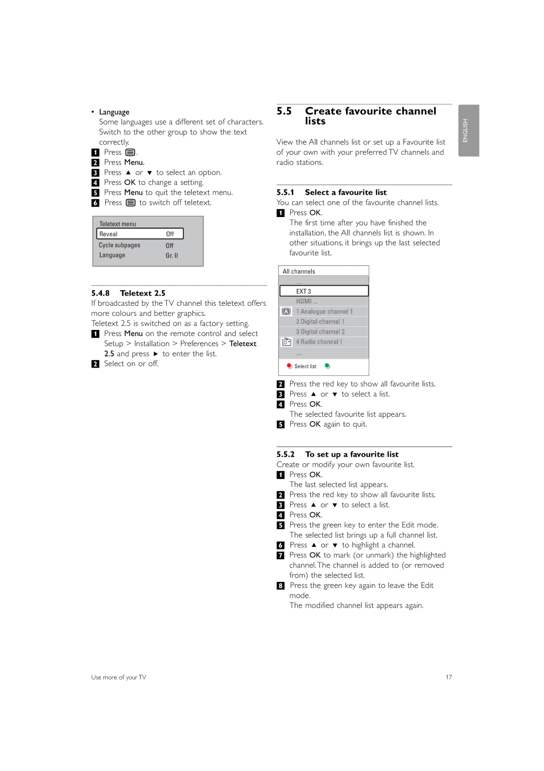 Philips 42PFL7433S/60 manual Create favourite channel lists, Select a favourite list, Teletext 