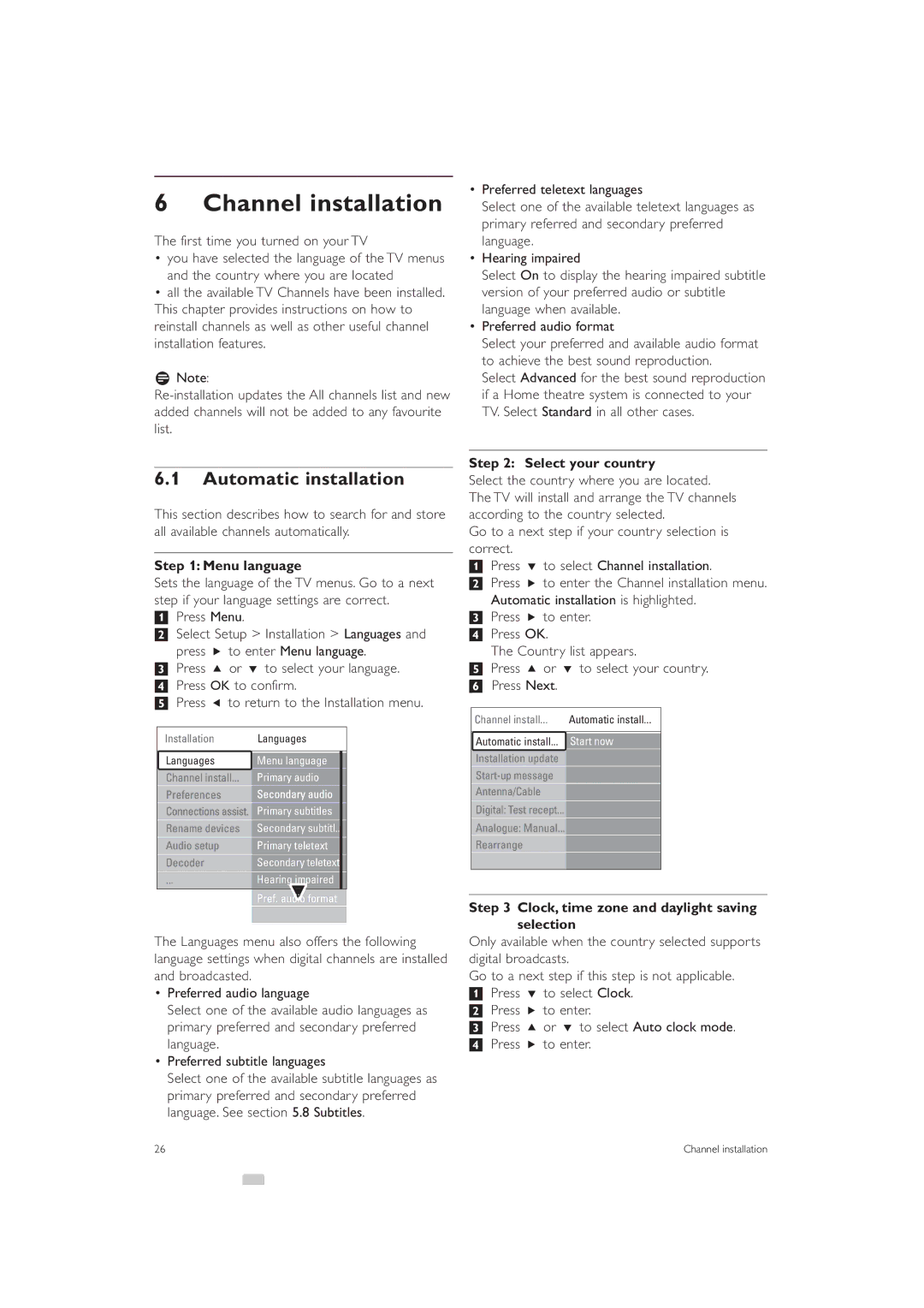 Philips 42PFL7433S/60 manual Channel installation, Automatic installation, Menu language, Select your country 