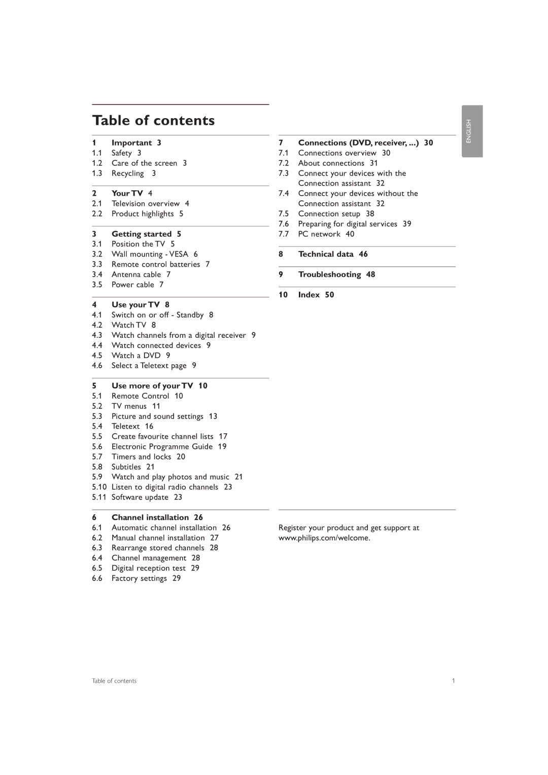 Philips 42PFL7433S/60 manual Table of contents 