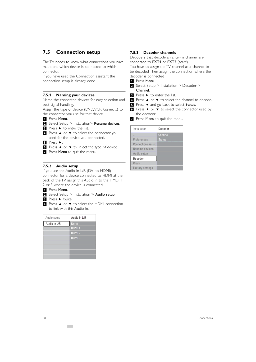 Philips 42PFL7433S/60 manual Connection setup, Naming your devices, Audio setup, Decoder channels 