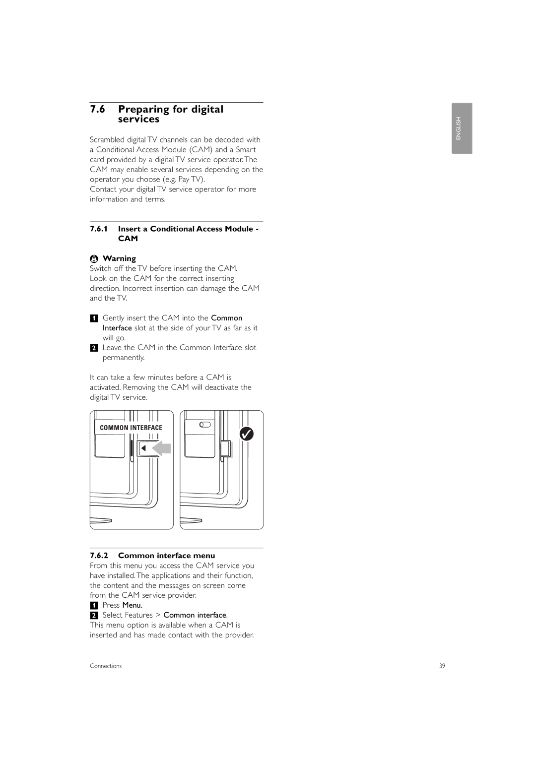 Philips 42PFL7433S/60 manual Preparing for digital services, Insert a Conditional Access Module, Common interface menu 