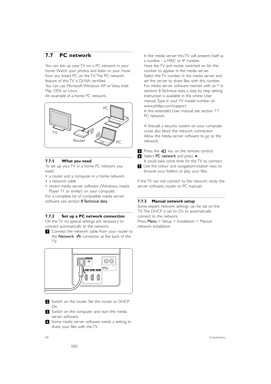 Philips 42PFL7433S/60 manual PC network, What you need, Manual network setup 