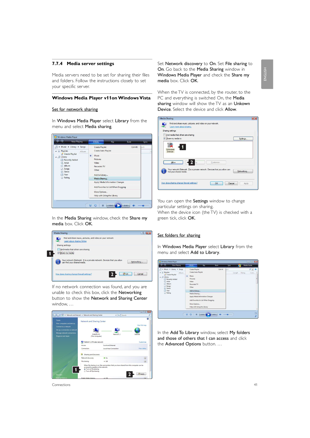 Philips 42PFL7433S/60 manual Media server settings, Windows Media Player v11on Windows Vista 