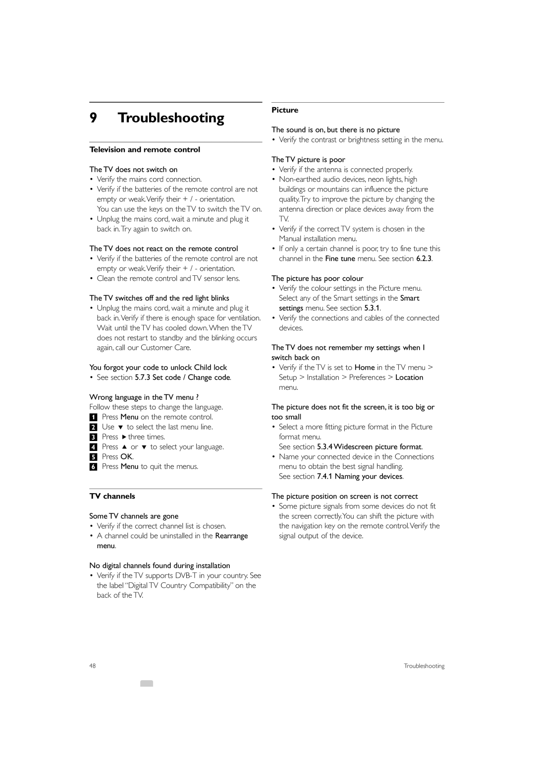 Philips 42PFL7433S/60 manual Troubleshooting, Television and remote control, TV channels, Picture 