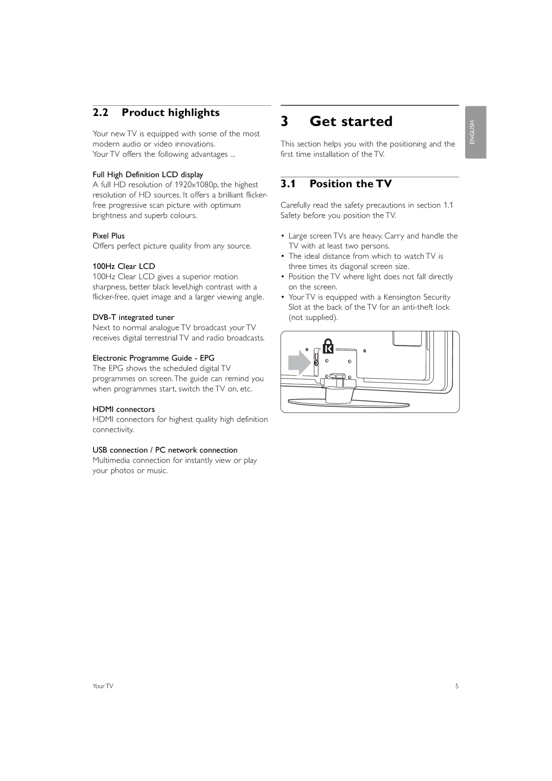 Philips 42PFL7433S/60 manual Get started, Product highlights, Position the TV, DVB-T integrated tuner 