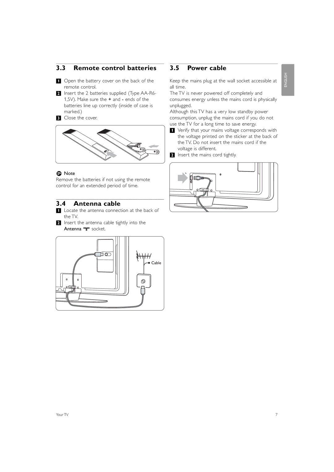 Philips 42PFL7433S/60 manual Remote control batteries, Antenna cable, Power cable, Marked Close the cover RNote 