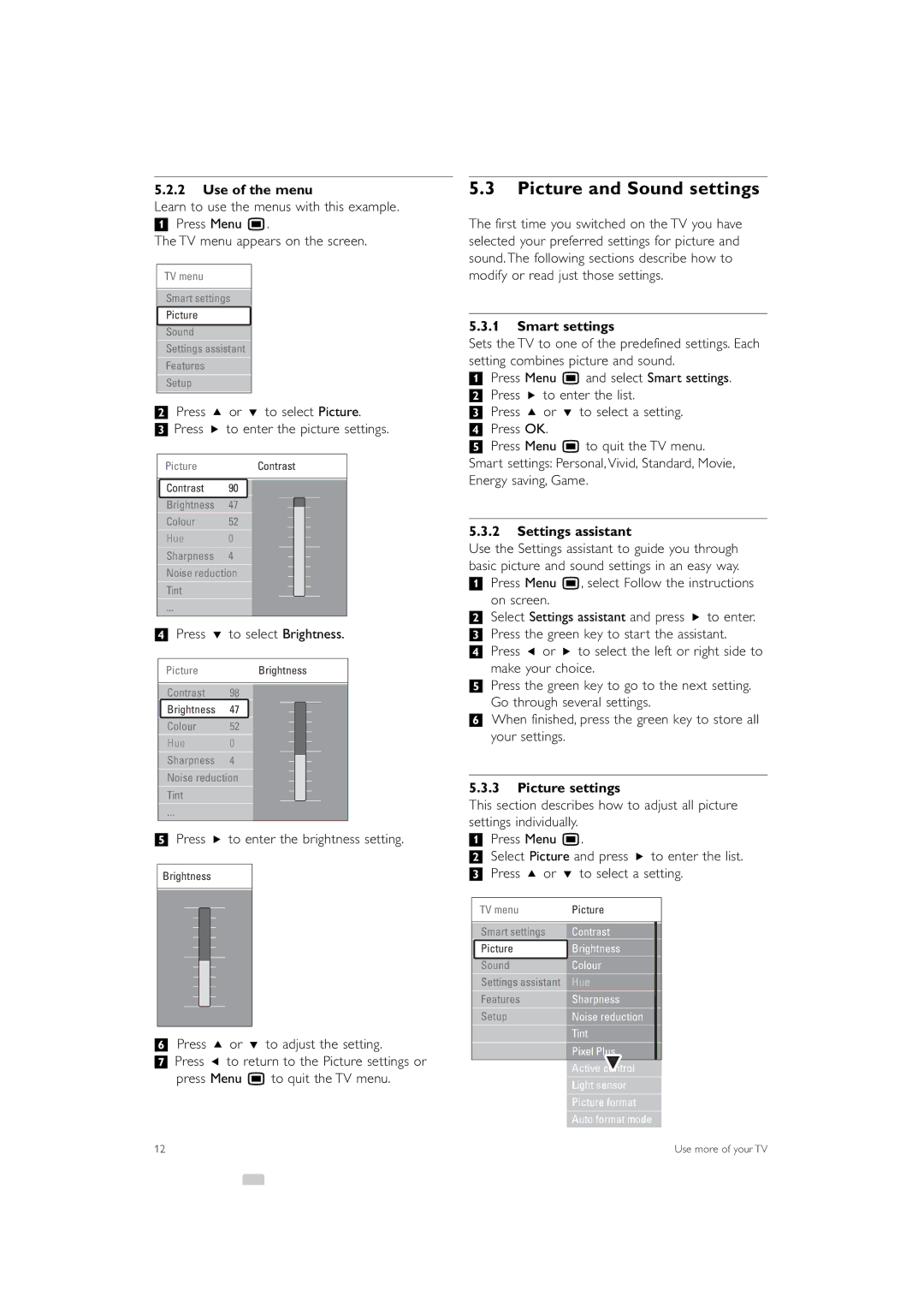 Philips 42PFL7503 manual Picture and Sound settings, Use of the menu, Smart settings, Settings assistant, Picture settings 