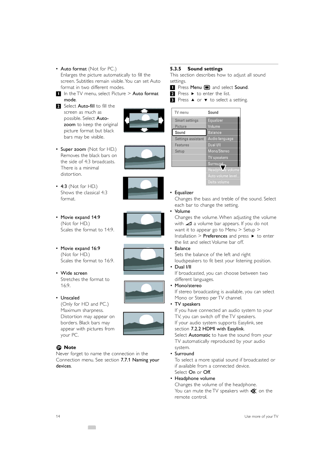 Philips 42PFL7503 manual Sound settings 