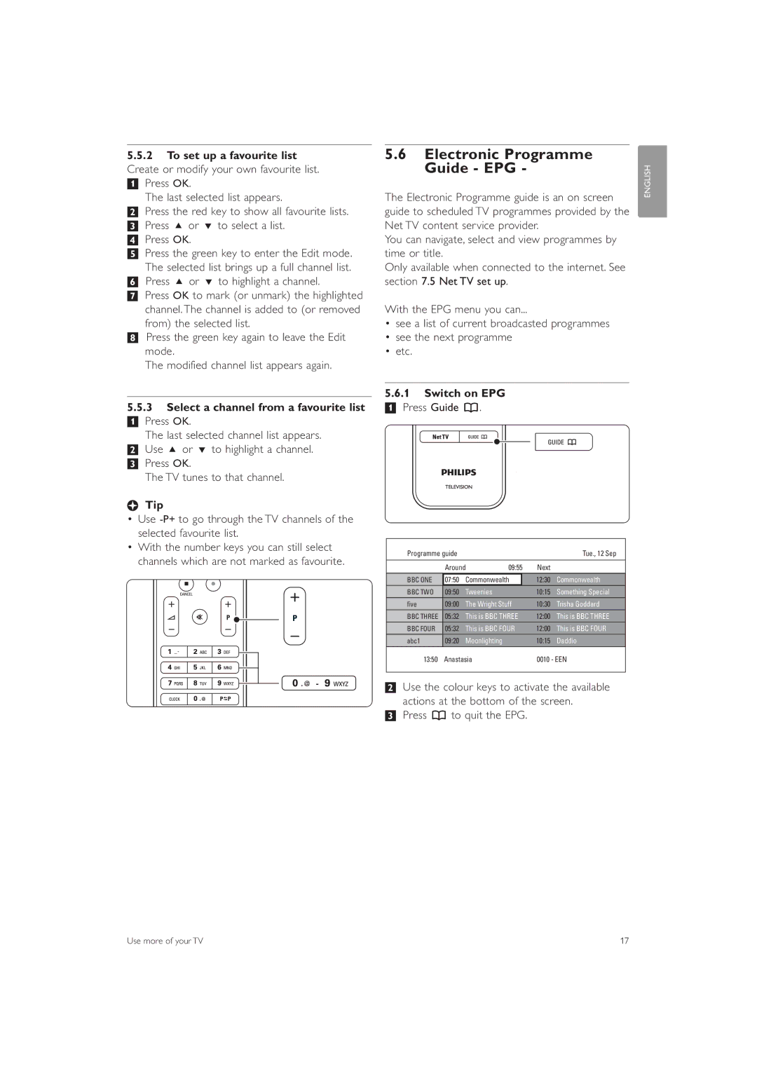 Philips 42PFL7503 manual Electronic Programme Guide EPG, Select a channel from a favourite list, Switch on EPG 