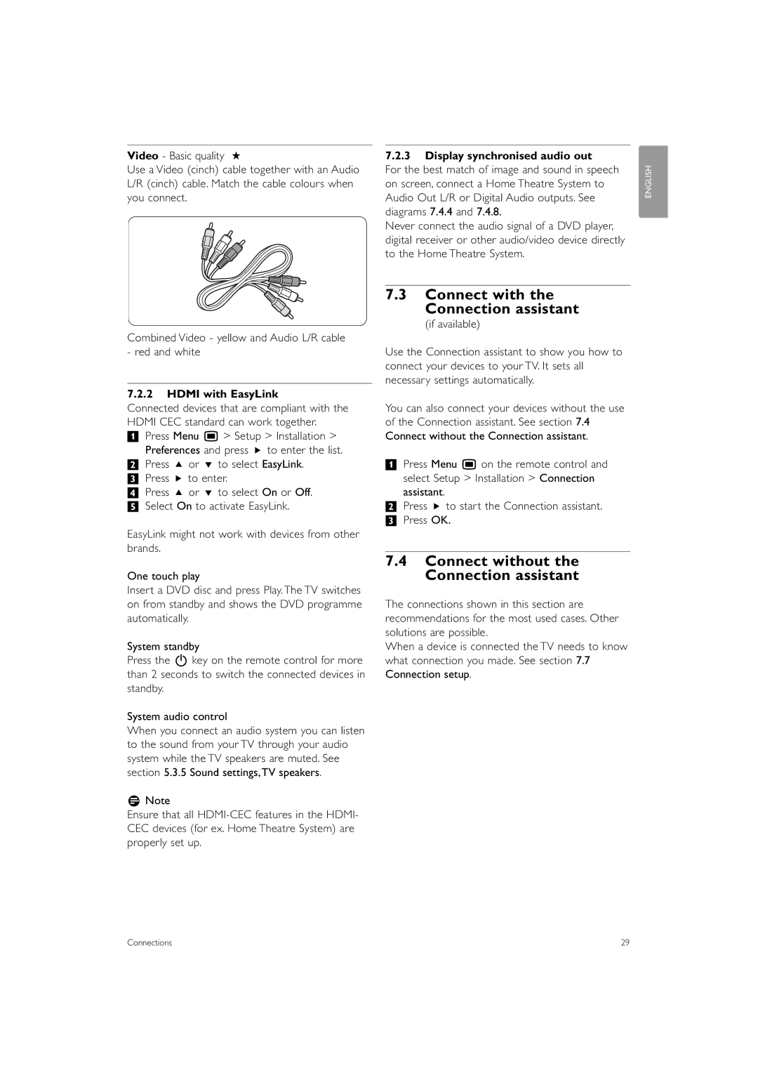 Philips 42PFL7503 manual Connect with Connection assistant, Connect without the Connection assistant, Hdmi with EasyLink 