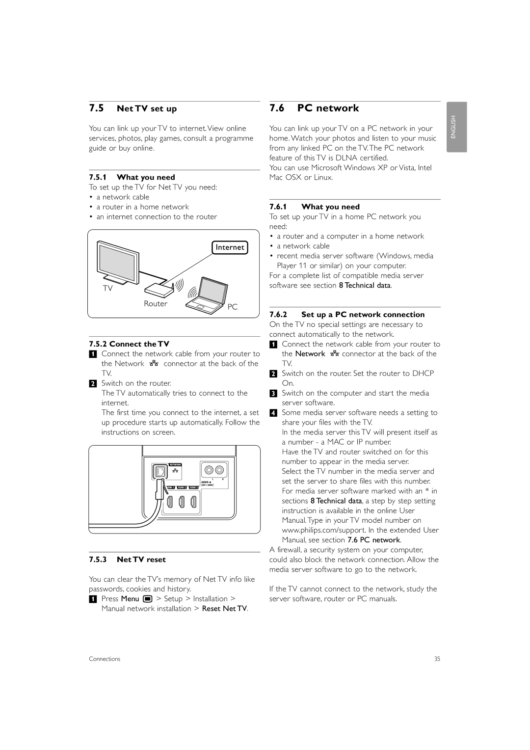 Philips 42PFL7503 manual PC network, What you need, Connect the TV, Net TV reset 