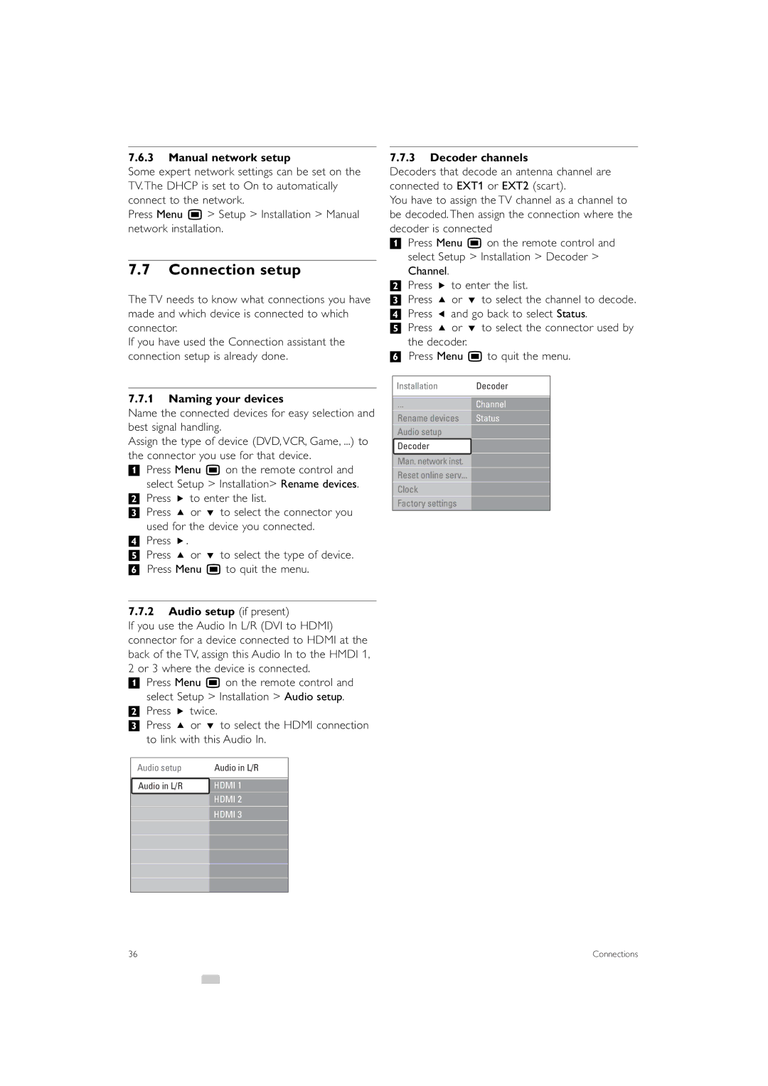 Philips 42PFL7503 Connection setup, Manual network setup, Naming your devices, Audio setup if present, Decoder channels 