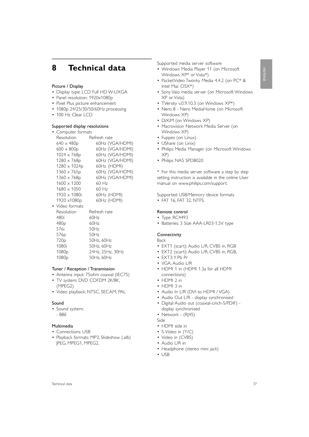 Philips 42PFL7503 manual Technical data 