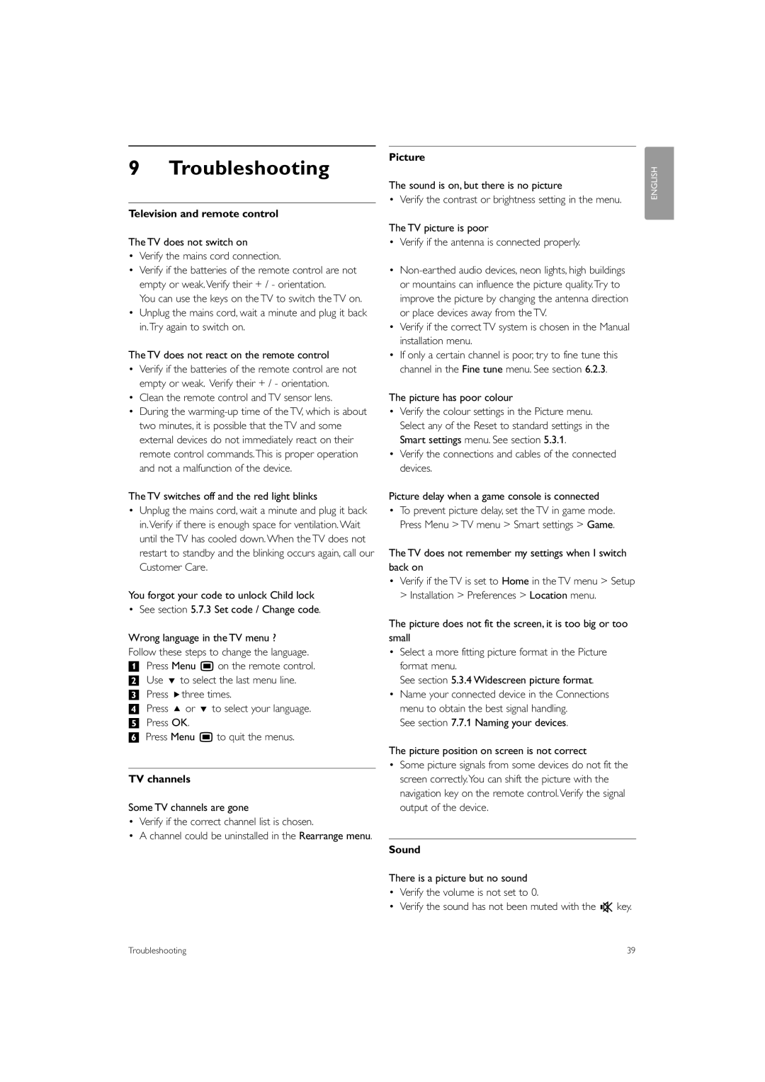 Philips 42PFL7503 manual Troubleshooting, Television and remote control 