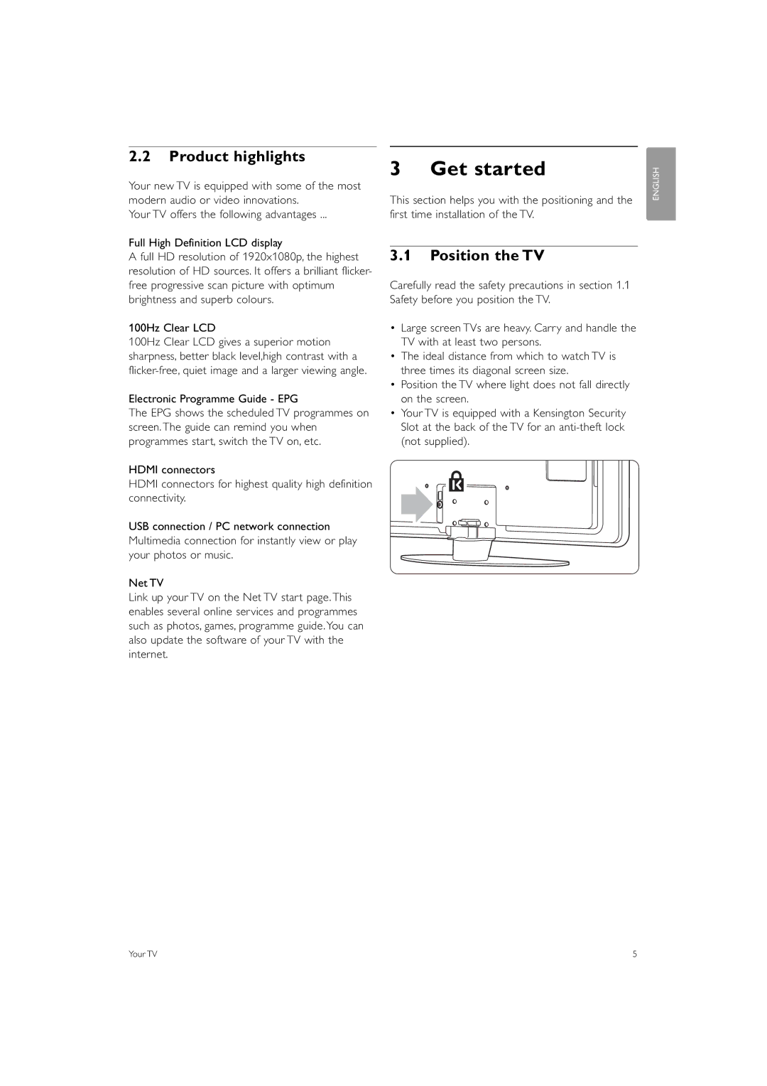 Philips 42PFL7503 manual Get started, Product highlights, Position the TV, Electronic Programme Guide EPG 