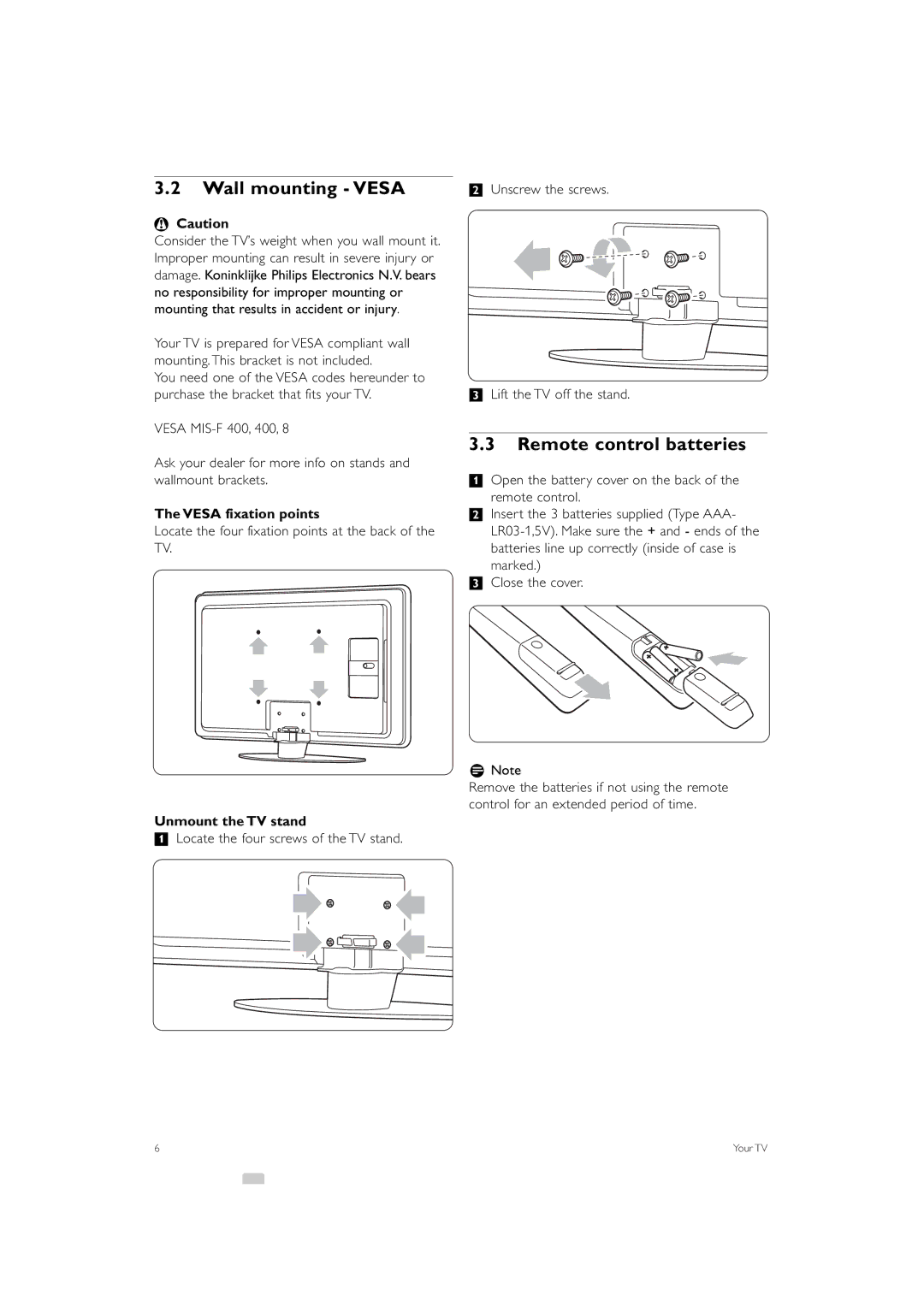 Philips 42PFL7503 manual Wall mounting Vesa, Remote control batteries, Vesa fixation points, Unmount the TV stand 