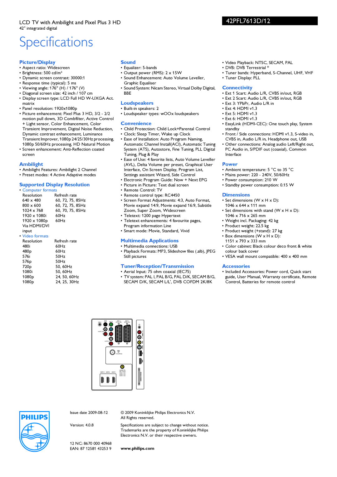 Philips 42PFL7613D manual Picture/Display, Ambilight, Supported Display Resolution, Sound, Loudspeakers, Convenience, Power 