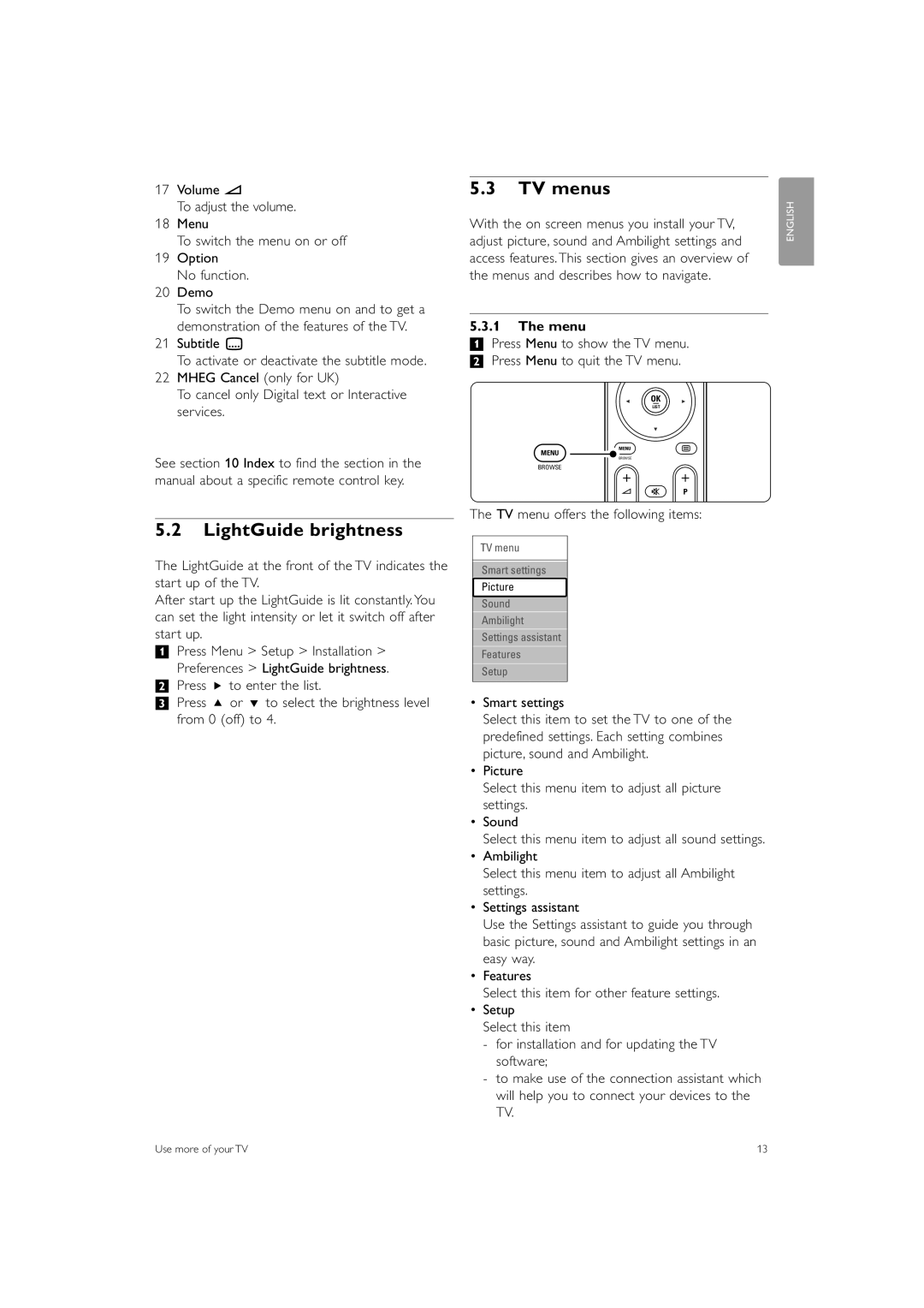 Philips 42PFL7623, 32PFL7623, 47PFL7623 manual LightGuide brightness, TV menus, Menu, TV menu offers the following items 