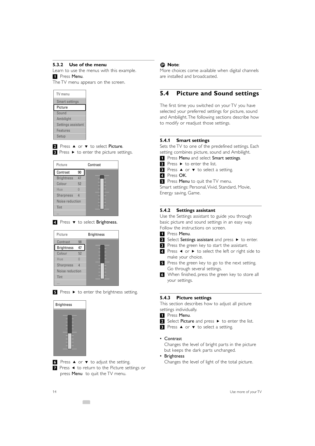 Philips 32PFL7623 manual Picture and Sound settings, Use of the menu, Smart settings, Settings assistant, Picture settings 