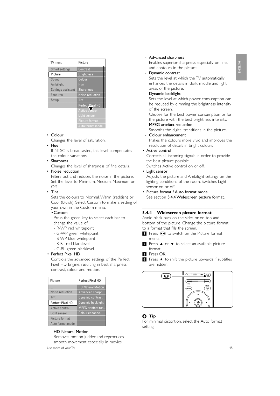 Philips 47PFL7623 HD Natural Motion, For minimal distortion, select the Auto format setting, Picture, Perfect Pixel HD 