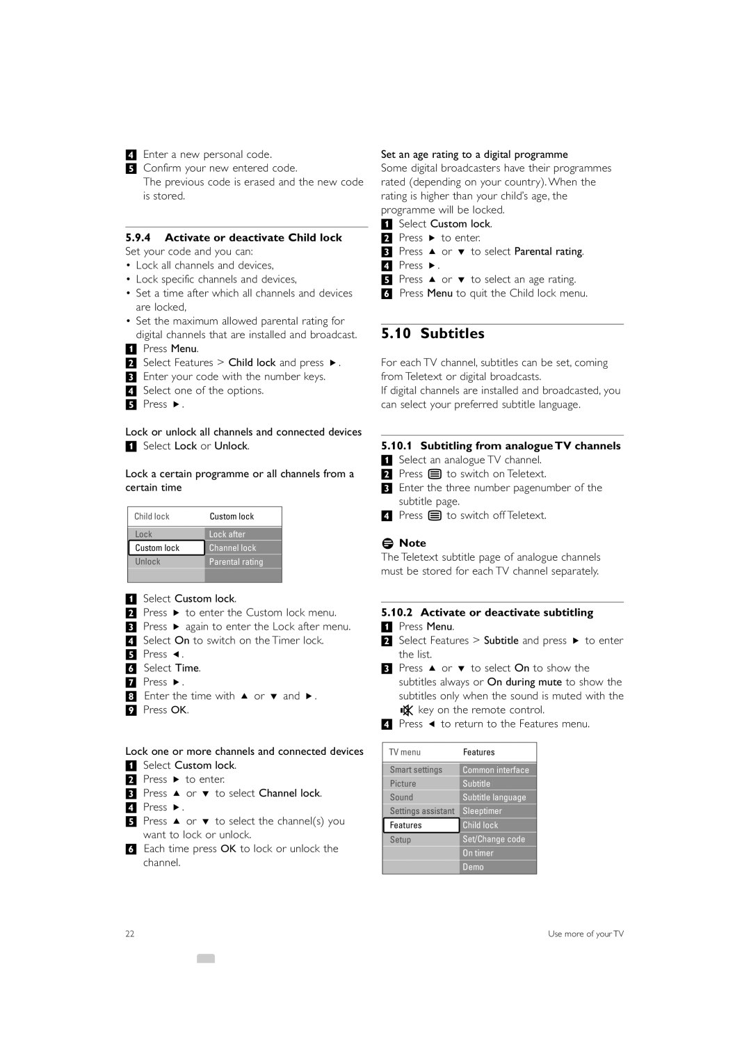 Philips 42PFL7623, 32PFL7623 Subtitles, Activate or deactivate Child lock Set your code and you can, ‡ Select Custom lock 