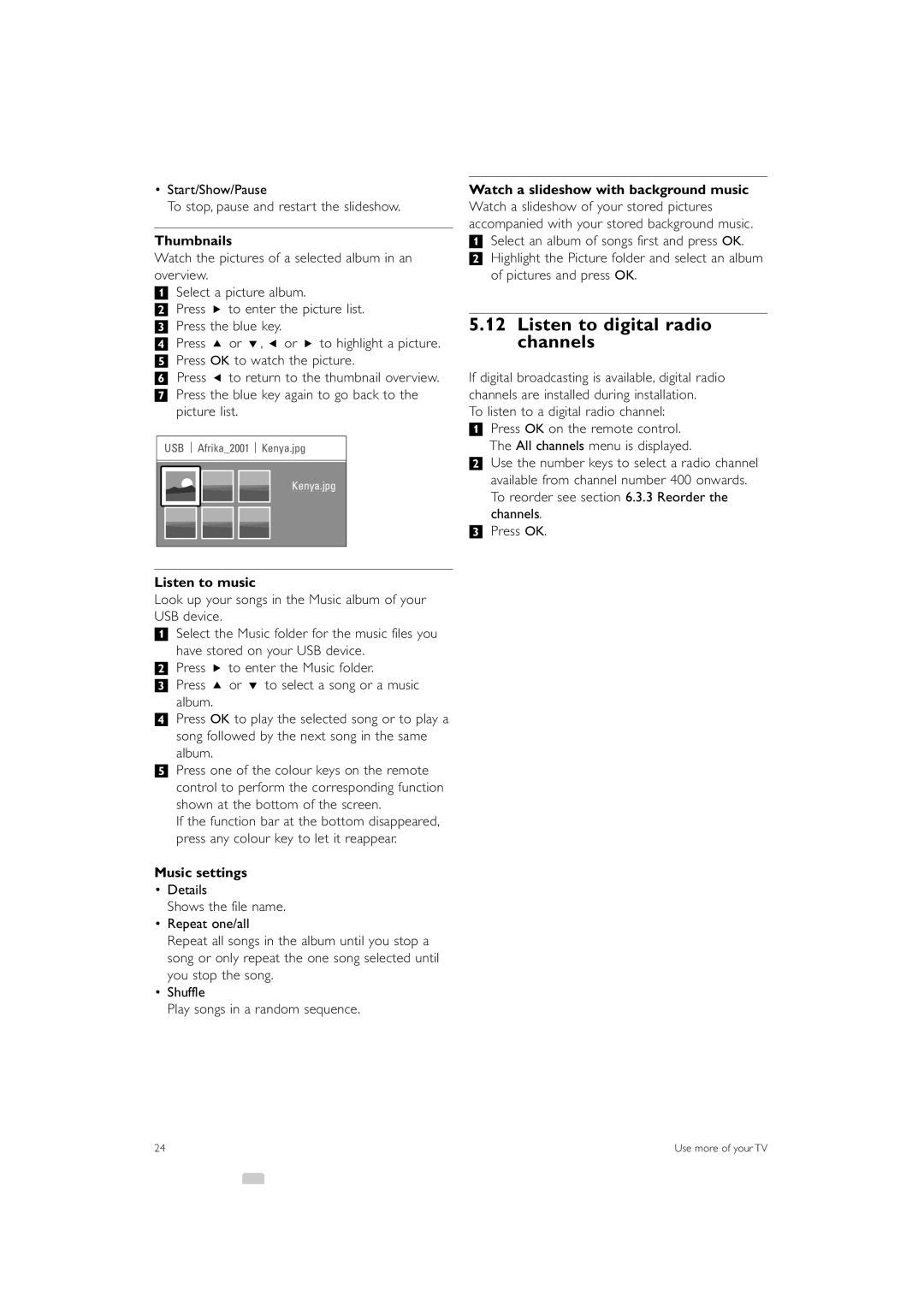 Philips 47PFL7623, 42PFL7623, 32PFL7623 manual Listen to digital radio channels, Thumbnails, Listen to music, Music settings 