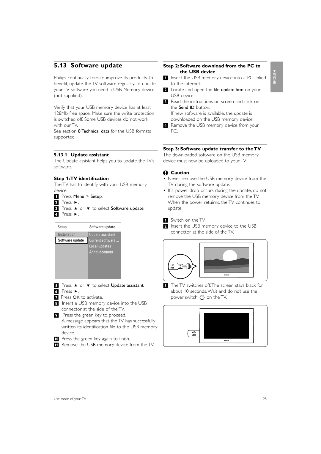 Philips 42PFL7623 manual Software update, Update assistant, TV identification, Software download from the PC to USB device 