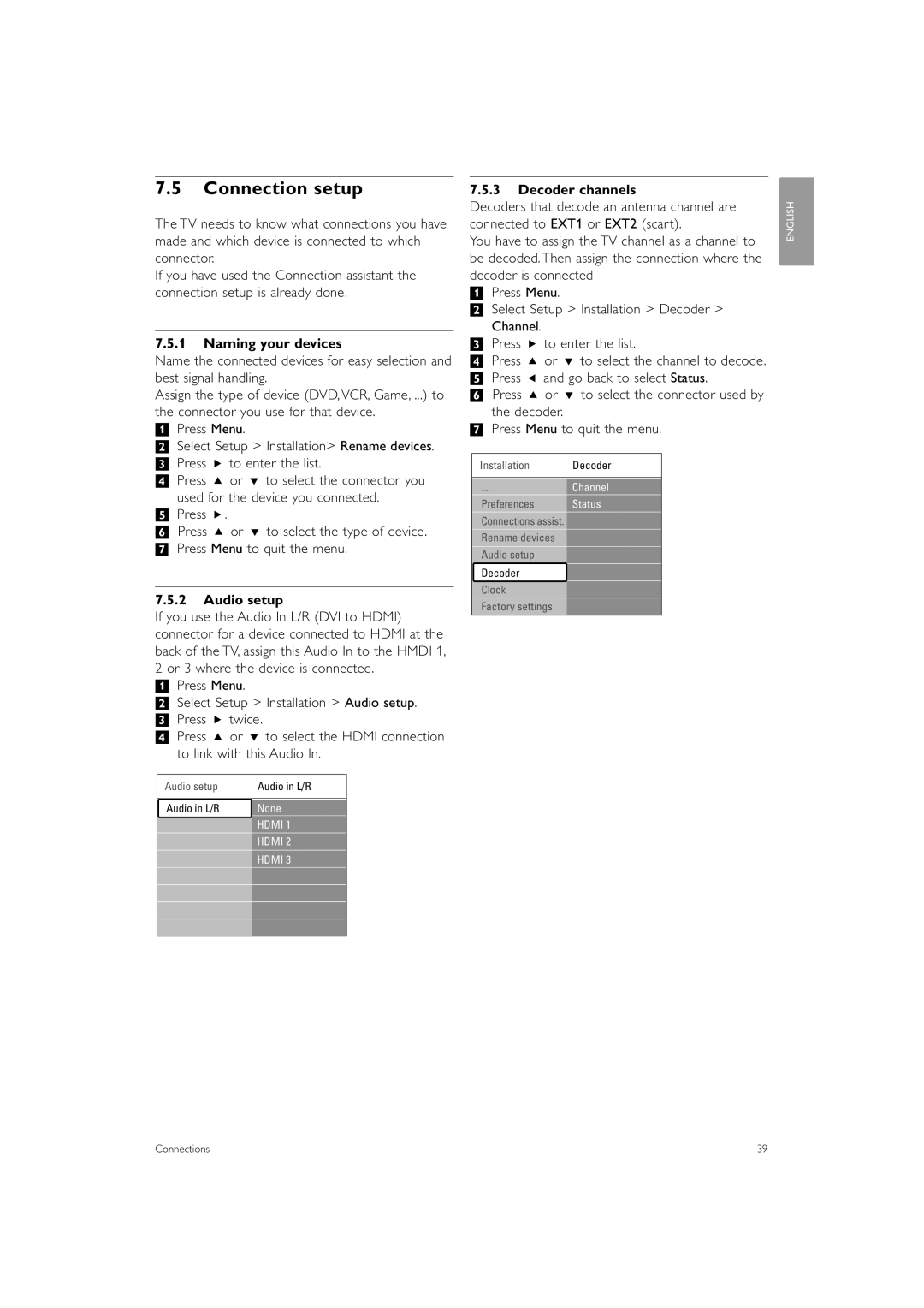 Philips 47PFL7623, 42PFL7623, 32PFL7623 manual Connection setup, Naming your devices, Audio setup, Decoder channels 