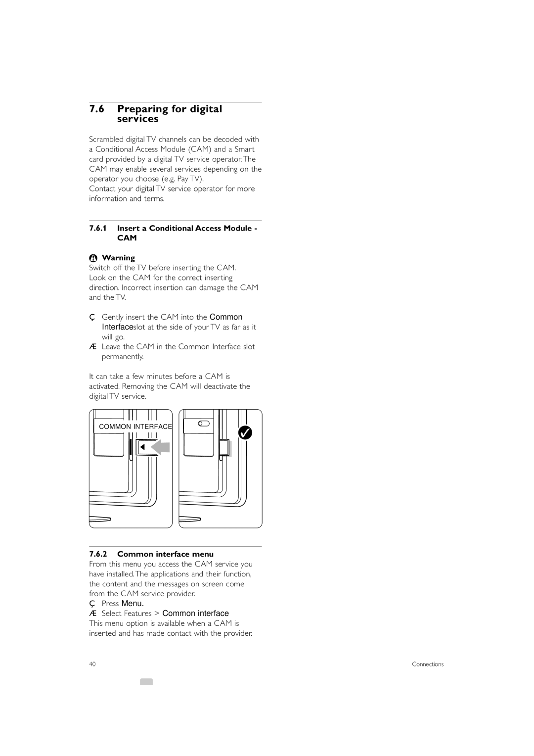 Philips 42PFL7623, 32PFL7623 Preparing for digital services, Insert a Conditional Access Module, Common interface menu 