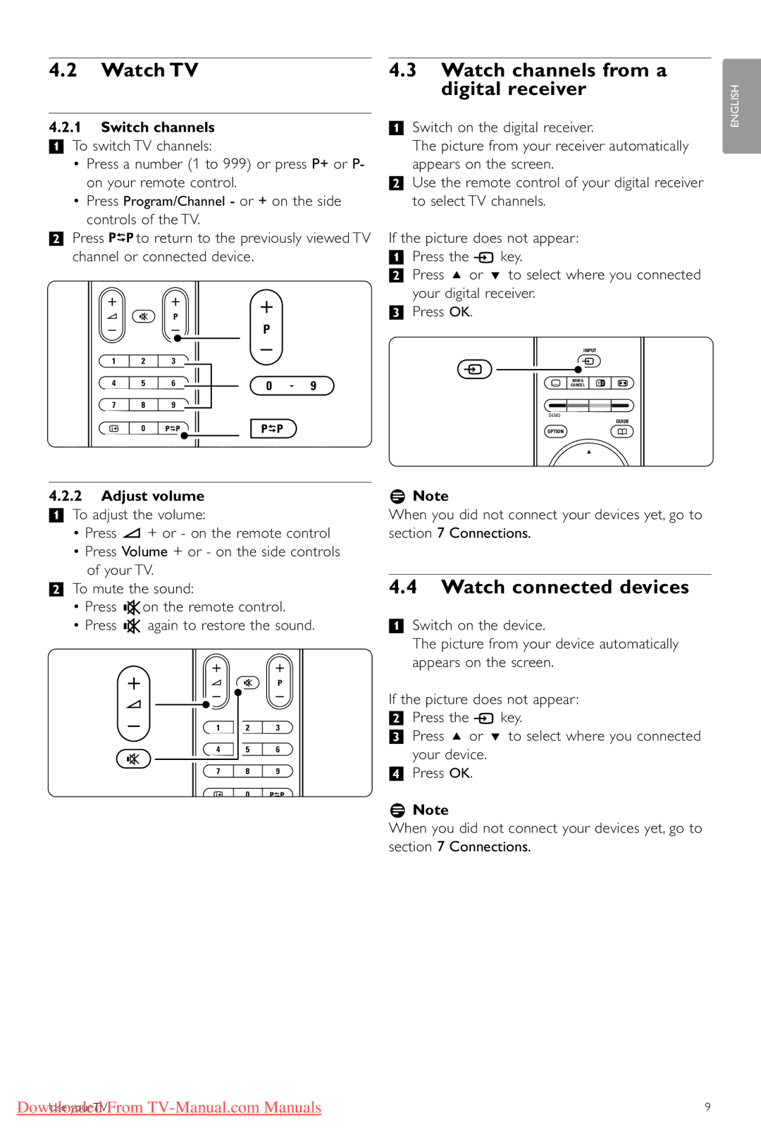 Philips 47PFL7623, 42PFL7623, 32PFL7623 manual Watch TV, Watch channels from a digital receiver, Watch connected devices 